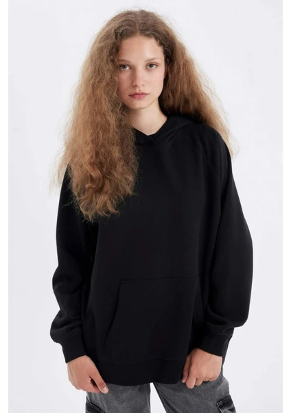 Oversize Geniş Kalıp Kapüşonlu Kanguru Cepli Kalın Basic Düz Sweatshirt C7805AX24WN