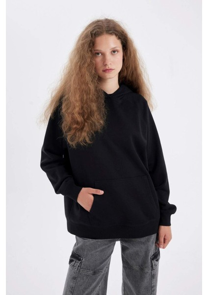 Oversize Geniş Kalıp Kapüşonlu Kanguru Cepli Kalın Basic Düz Sweatshirt C7805AX24WN