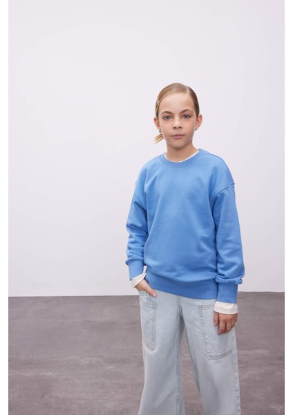 Kız Çocuk Relax Fit Bisiklet Yaka Pamuklu Basic Düz Okul Sweatshirt A2797A824AU