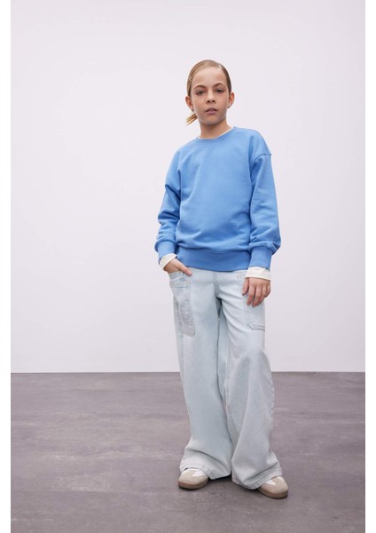 Kız Çocuk Relax Fit Bisiklet Yaka Pamuklu Basic Düz Okul Sweatshirt A2797A824AU