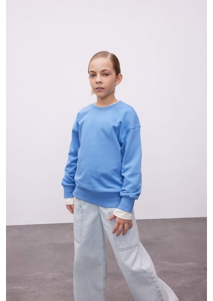 Kız Çocuk Relax Fit Bisiklet Yaka Pamuklu Basic Düz Okul Sweatshirt A2797A824AU
