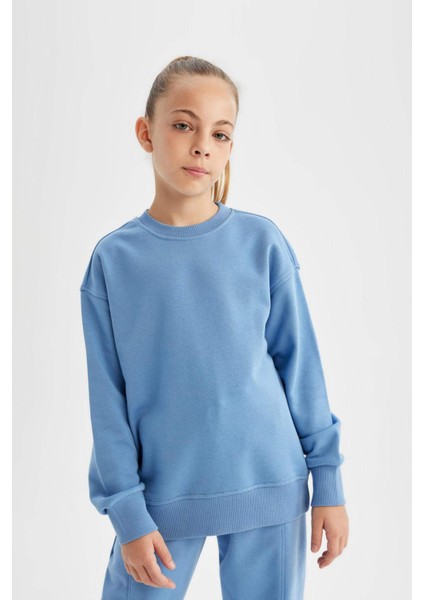 Kız Çocuk Relax Fit Bisiklet Yaka Pamuklu Basic Düz Okul Sweatshirt A2797A824AU