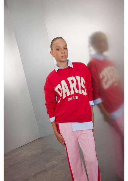 Kız Çocuk Kırmızı Relax Fit Bisiklet Yaka Baskılı Okul Sweatshirt C6868A824AU modelleri