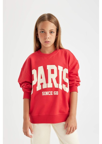 Kız Çocuk Kırmızı Relax Fit Bisiklet Yaka Baskılı Okul Sweatshirt C6868A824AU fırsatları