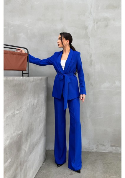 Kadın Ikili Kuşaklı Blazer Ceket Pantolon Takım modelleri