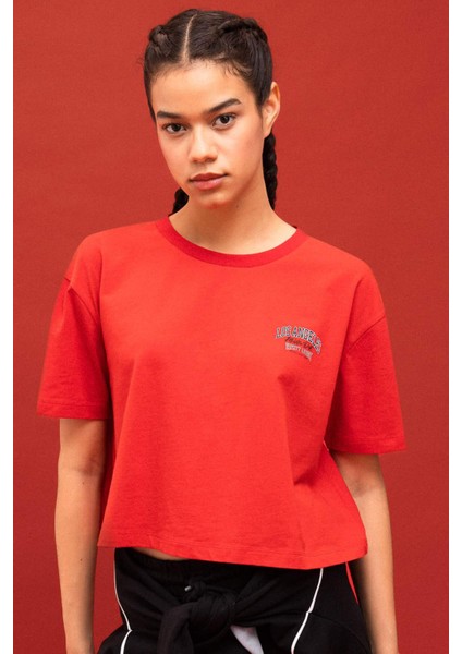 Fit Crop Bisiklet Yaka Baskılı Sporcu Kısa Kollu Tişört B8981AX24SM