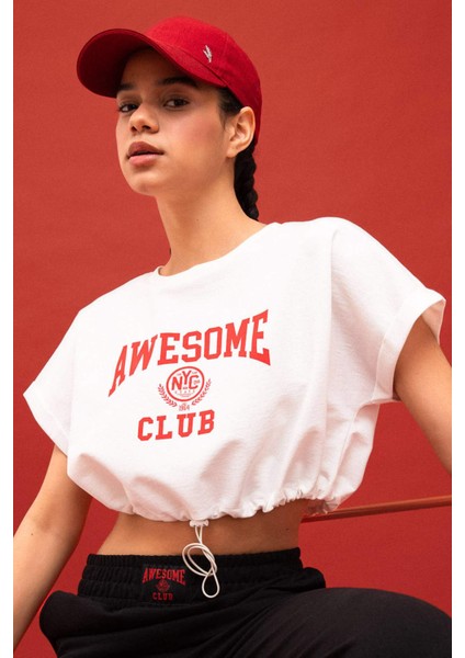 Fit Crop Bisiklet Yaka Baskılı Kısa Kollu Tişört B8967AX24SM