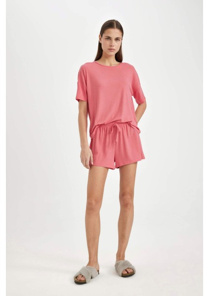 Fall in Love Pijama Takımı Ribana Kısa Kollu Üst Beli Lastikli Şort Alt B8732AX24SM fiyatları