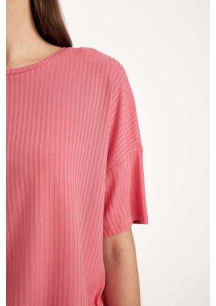 Fall in Love Pijama Takımı Ribana Kısa Kollu Üst Beli Lastikli Şort Alt B8732AX24SM fırsatları