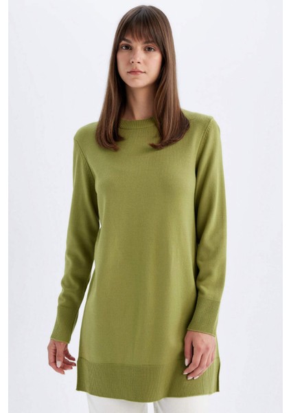 Regular Fit Bisiklet Yaka Yırtmaçlı Basic Düz Triko Kazak Tunik H3431AZ24AU