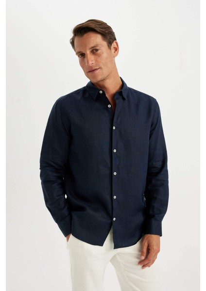 %100 Keten Regular Fit Polo Yaka Yazlık Basic Düz Uzun Kollu Gömlek C1825AX24SM