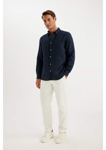 %100 Keten Regular Fit Polo Yaka Yazlık Basic Düz Uzun Kollu Gömlek C1825AX24SM