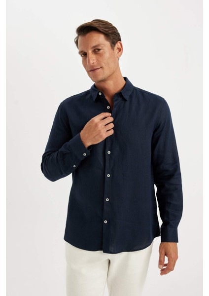 %100 Keten Regular Fit Polo Yaka Yazlık Basic Düz Uzun Kollu Gömlek C1825AX24SM