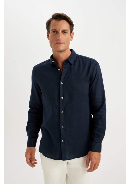 %100 Keten Regular Fit Polo Yaka Yazlık Basic Düz Uzun Kollu Gömlek C1825AX24SM