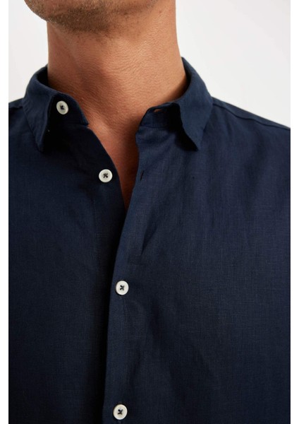 %100 Keten Regular Fit Polo Yaka Yazlık Basic Düz Uzun Kollu Gömlek C1825AX24SM