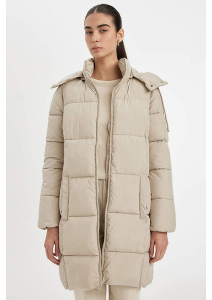 Puffer Şişme Uzun Mont Parka Su İtici Regular Kalıp Çıkarılabilir Kapüşonlu A1315AX24WN