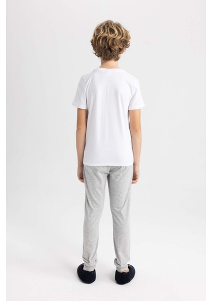 Erkek Çocuk Pijama Takımı Bisiklet Yaka Baskılı Kısa Kollu Üst Uzun Alt C0623A824SP