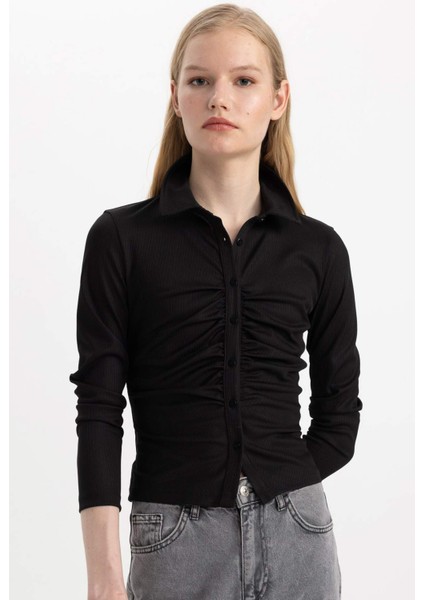 Slim Fit Dar Kesim Polo Yaka Basic Düz Fitilli Kaşkorse Uzun Kollu Tişört C1326AX24SP