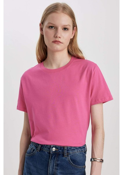 Regular Fit Bisiklet Yaka Penye Basic Düz Kısa Kollu Tişört W9584AZ24SM