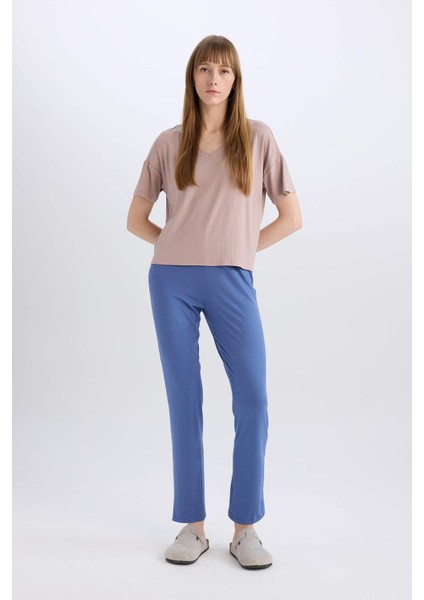 Regular Fit V Yaka Casual Kısa Kollu Pijama Üstü-Fall in Love B6181AX24SP