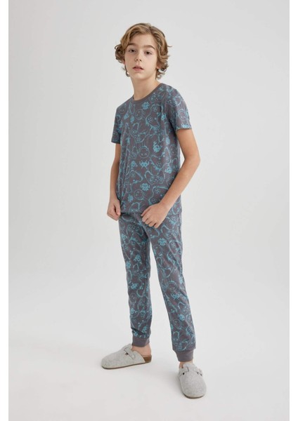Erkek Çocuk Pijama Takımı Desenli Kısa Kollu Üst Beli Lastikli Uzun Alt B5542A824SP