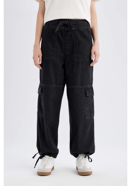 Kargo Jogger Yüksek Bel Bağcıklı Paça Bilek Boy Jean Yıkamalı Pantolon B9318AX24SP