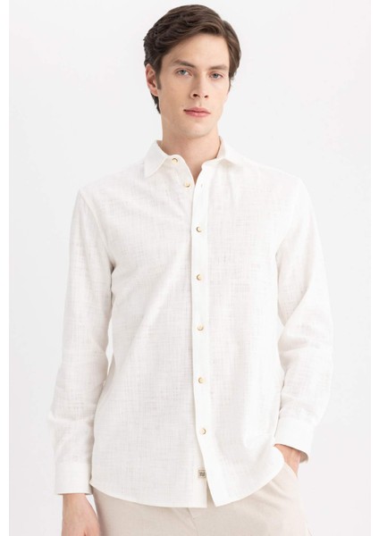 Regular Fit Polo Yaka Uzun Kollu Pamuklu Keten Görünümlü Gömlek B4129AX24SP