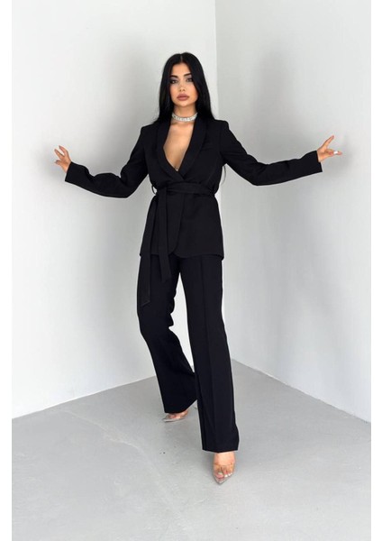 Kadın Bağlamalı Sahte Cepli Kemerli Şal Yaka Blazer Ceket Boru Paça Esnek Pantolon Takım Elbise modelleri