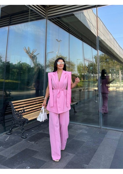 Kadın Oversize Bağlamalı Tasarım Yelek Pantolon Takım Elbise