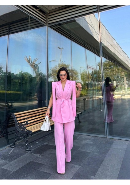 Kadın Oversize Bağlamalı Tasarım Yelek Pantolon Takım Elbise