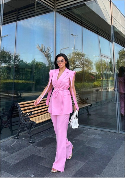 Kadın Oversize Bağlamalı Tasarım Yelek Pantolon Takım Elbise