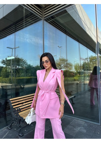 Kadın Oversize Bağlamalı Tasarım Yelek Pantolon Takım Elbise