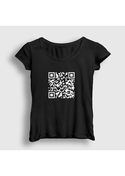 Kadın Siyah Qr Code Meme Rick Astley T-Shirt
