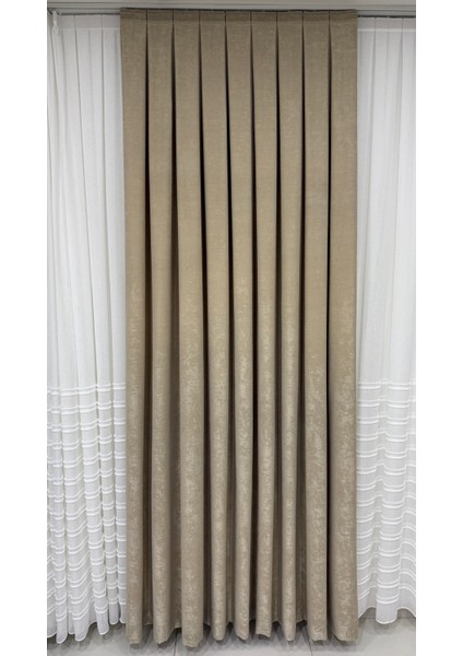 Kadife Dokulu Lüks Fon Perde Bej Sık Pile (Tek Kanat)