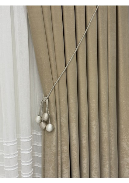 Kadife Dokulu Lüks Fon Perde Bej Sık Pile (Tek Kanat) fiyatları