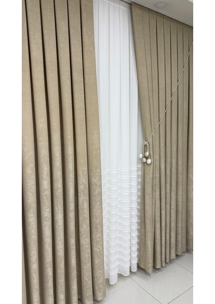 Kadife Dokulu Lüks Fon Perde Bej Sık Pile (Tek Kanat) modelleri