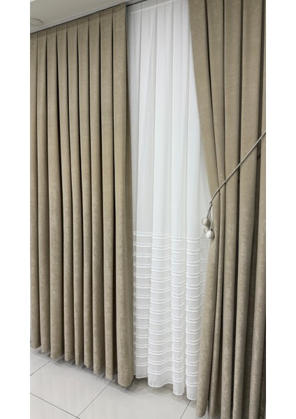 Kadife Dokulu Lüks Fon Perde Bej Sık Pile (Tek Kanat) indirimleri