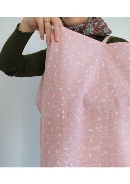 ( 75X75 cm ) Ayarlanabilir Askılı Doğal Tek Kat Müslin Emzirme Örtüsü - Pembe Yıldız