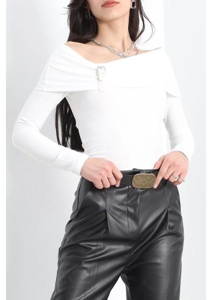 Ceylinmoda Kemer Detay Madonna Yaka Bluz Beyaz - 7221.1918.