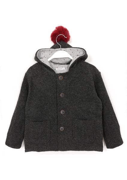 Kapüşonu Ponponlu Kız Çocuk Ceket Antrasit 001-0001956