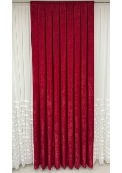 Kadife Dokulu Lüks Fon Perde Kırmızı Sık Pile (Tek Kanat)