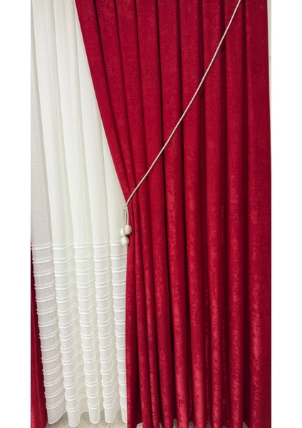 Kadife Dokulu Lüks Fon Perde Kırmızı Sık Pile (Tek Kanat) fiyatları