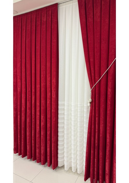 Kadife Dokulu Lüks Fon Perde Kırmızı Sık Pile (Tek Kanat) modelleri