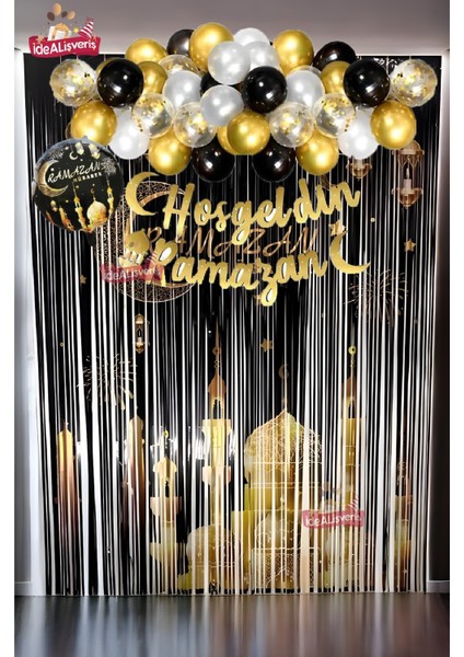 Hoşgeldin Ramazan Baskılı Arkafonu ve Yazılı Yuvarlak Siyah Folyolu Gold Gümüş Balon Zincirli Set