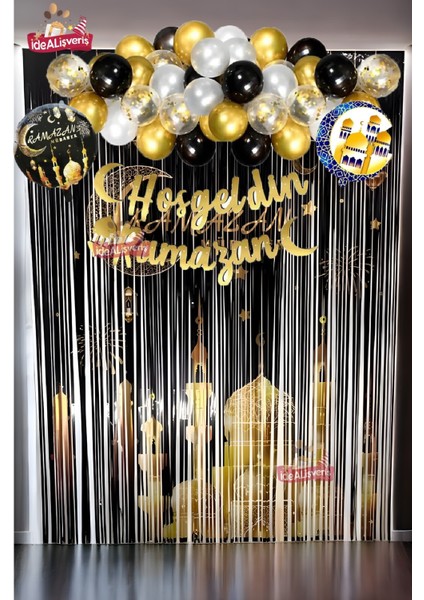 Hoşgeldin Ramazan Baskılı Arkafonu ve Yazılı Siyah Folyo Balonlu Gold Gümüş Balon Zincirli Set