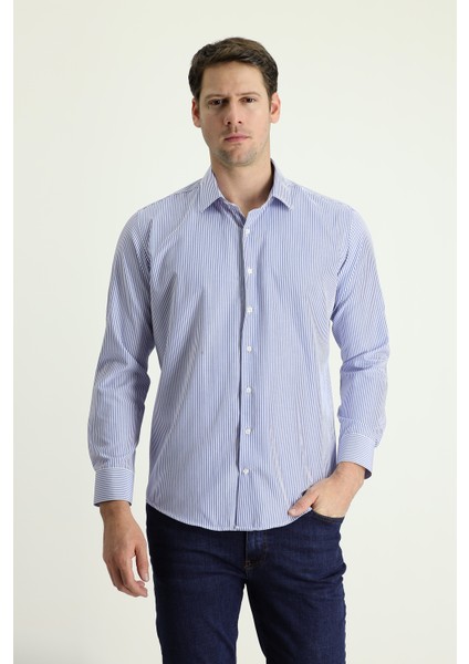Uzun Kol Slim Fit Dar Kesim Çizgili Pamuklu Gömlek