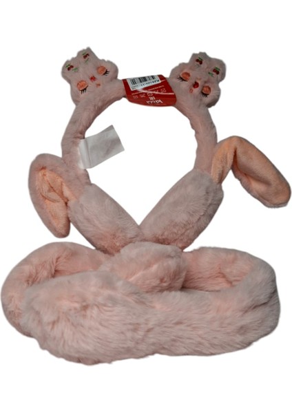 Spteks Kitti Kız Çocuk Somon Renk Ayıcık Figürlü Pompalı Oynar Kulak Sesli Kışlık Peluş Kulaklık