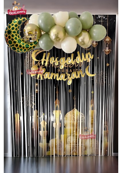 Hoşgeldin Ramazan Baskılı Arkafonu ve Yazılı Yeşil Folyo Balonlu Küf Gold Balon Zincirli Set