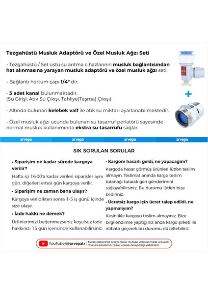 Tezgahüstü Su Arıtma Cihazı Musluk Adaptörü ve Özel Musluk Ağzı