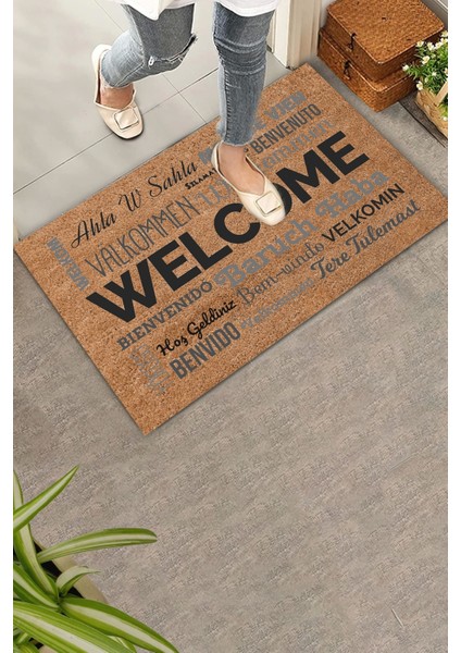 Dünya Dillerinde Kahverengi Welcome Hoş Geldiniz Kapı Önü Paspası 45X70CM